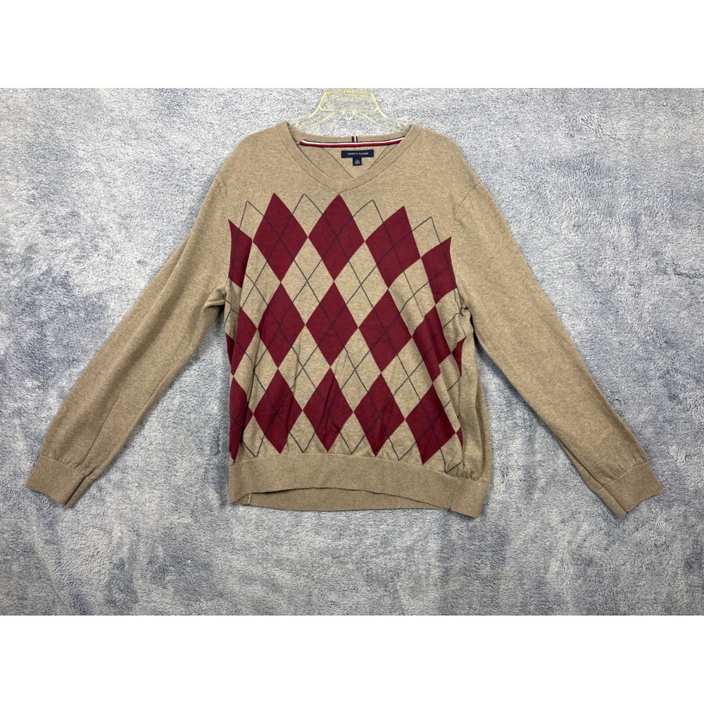 Tommy Hilfiger Mens XL Tan Argyle V-Neck Cotton Sweater 78J0992 Classic Preppy
